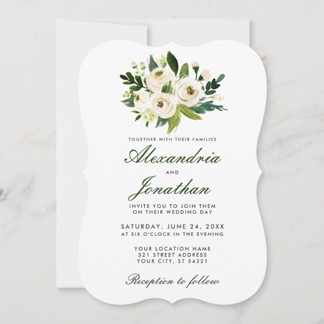 Floral Floral Blanco Invitación a la Boda Verde (Anverso)