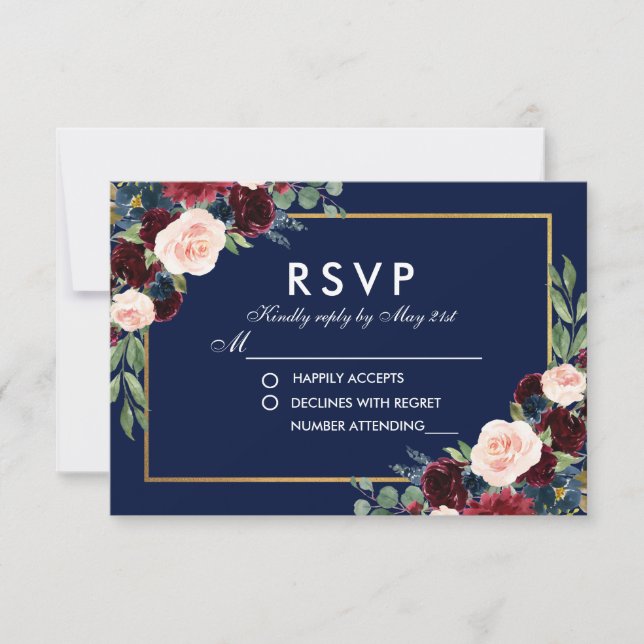 Floral Floral Blue Burgundy Wedding RSVP (Anverso)