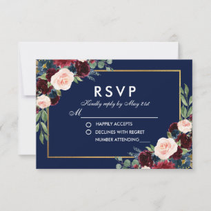 Floral Floral Blue Burgundy Wedding RSVP