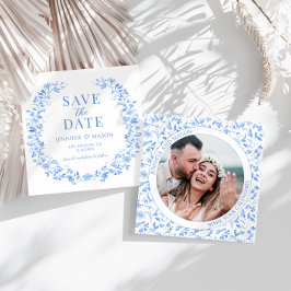 Floral folclórica azul Guardar la invitación de la