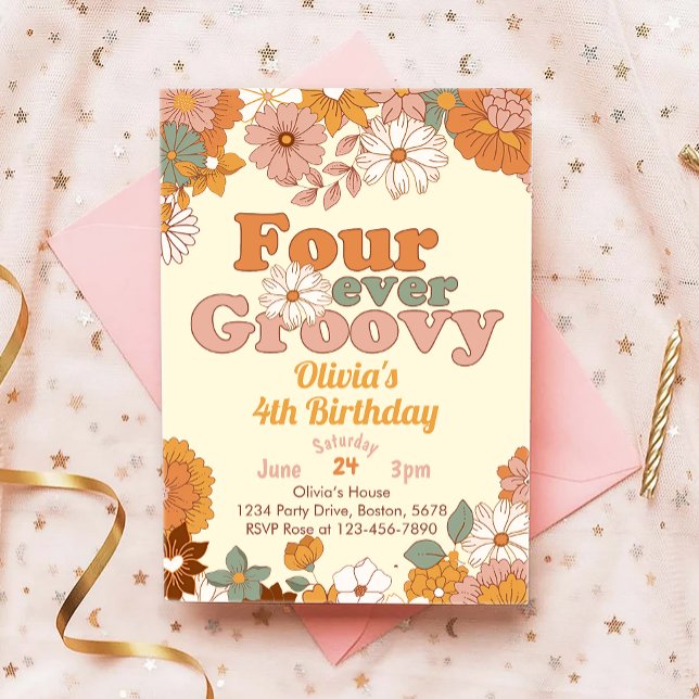 Floral Four Ever Groovy 4ª Invitación de cumpleaño (Subido por el creador)