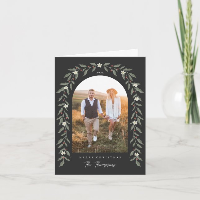 Floral Garland Arqueada foto tarjeta de Navidades  (Anverso)