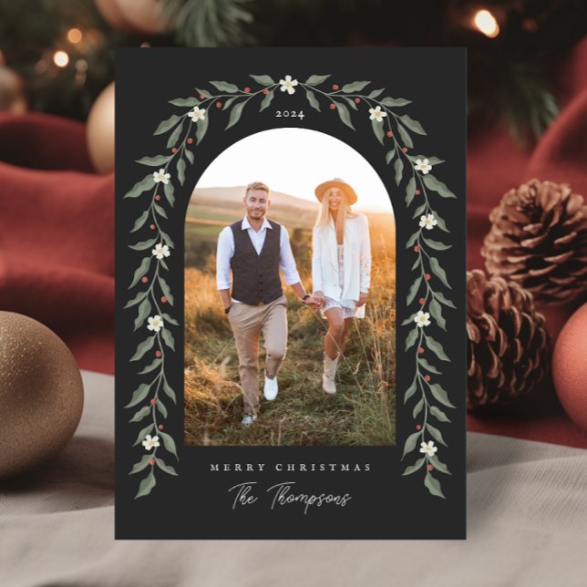 Floral Garland Arqueada foto tarjeta de Navidades  (Floral Garland Arched Photo Black Christmas Card)