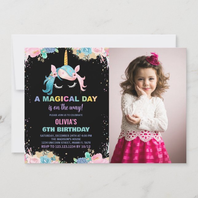 Floral Gillter Unicorn Invitaciones de cumpleaños  (Anverso)