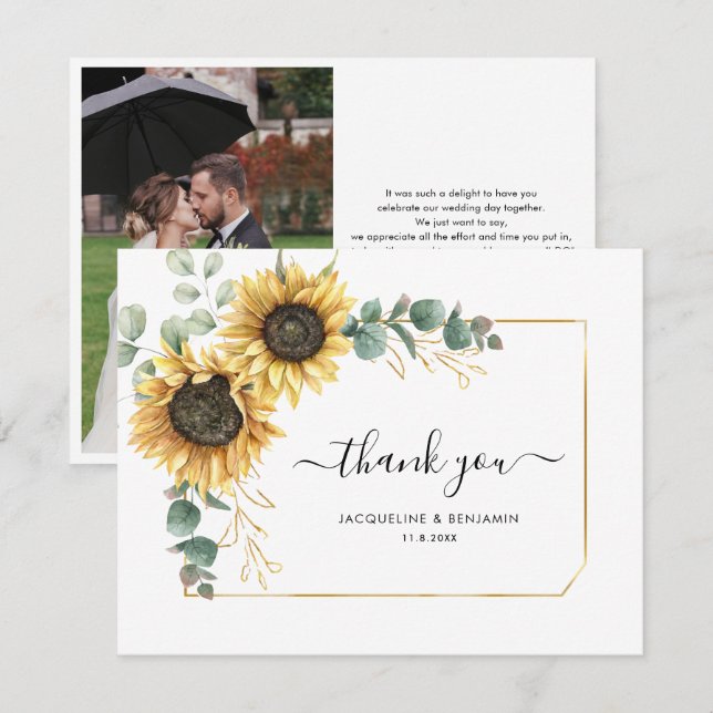 Floral Girasol Eucalyptus Boda Gracias Tarjeta (Anverso / Reverso)