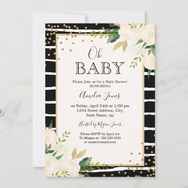 Floral Gold Black White Oh Invitación Baby Shower (Anverso)