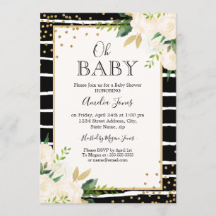 Floral Gold Black White Oh Invitación Baby Shower