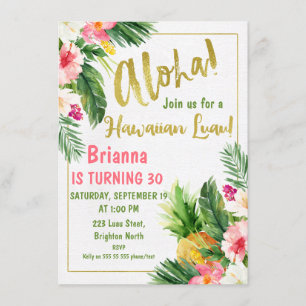 Floral Gold Calligraphy Luau Invitación de cumplea