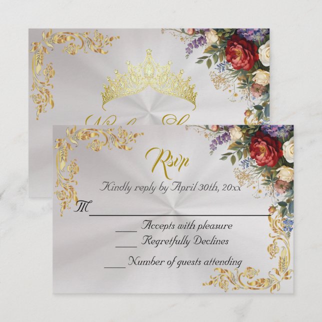 Floral & Gold Leaves - Pearl White RSVP (Anverso / Reverso)