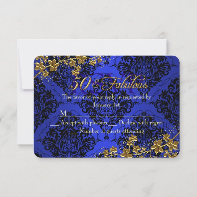 Floral Gold Royal Blue 50 Fabuloso Cumpleaños RSVP (Anverso)