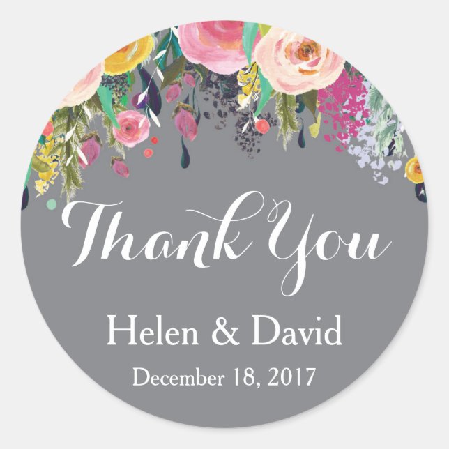 Floral Gracias Boda Favor Pegatinas Gray (Anverso)