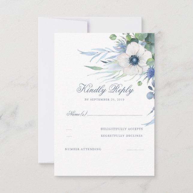 Floral Greenery Dusty Blue Wedding RSVP (Anverso)