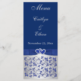 Floral gris azul, plateado, tarjeta de menú Hearts