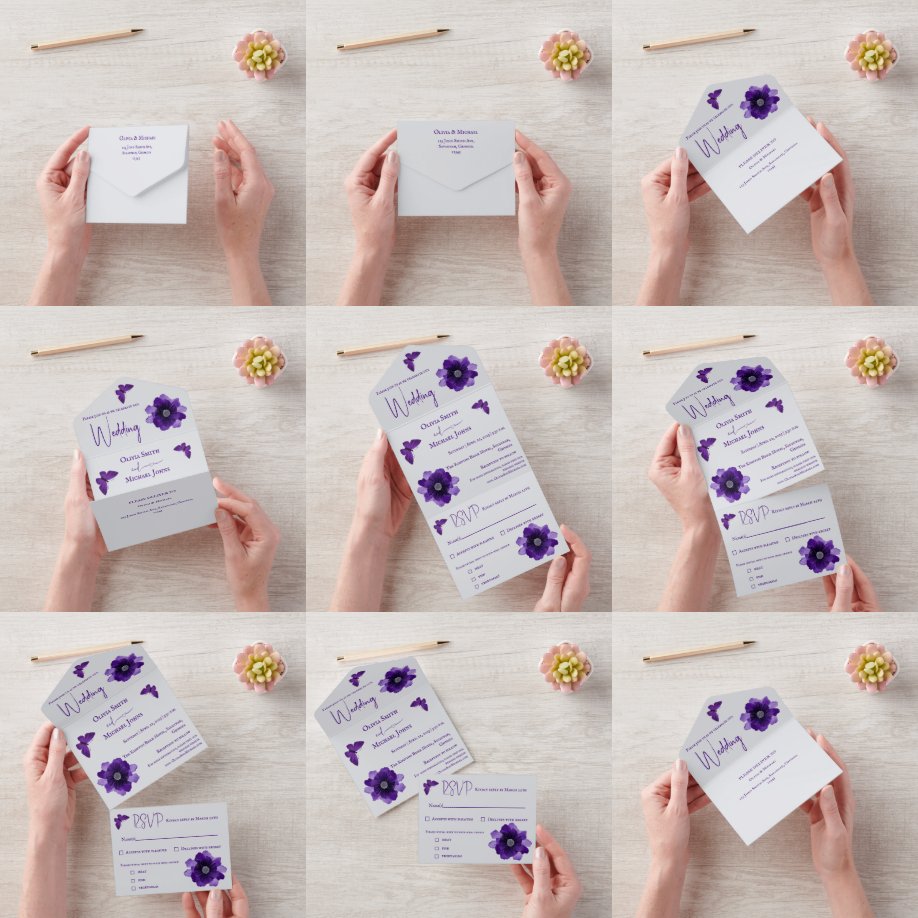 Floral gris morado todo en una invitación de matri