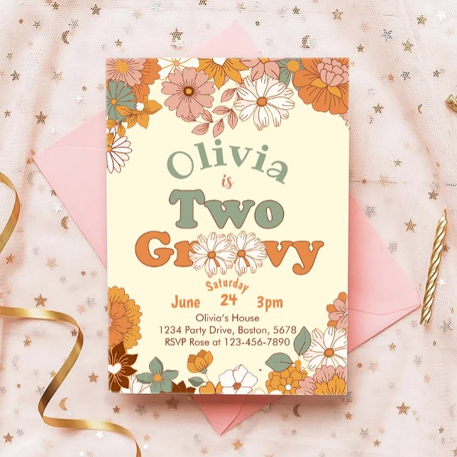 Floral Groovy Dos Invitaciones Retro Segundo Cumpl (Subido por el creador)