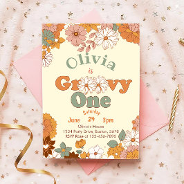Floral Groovy One Retro Invitación de cumpleaños 1