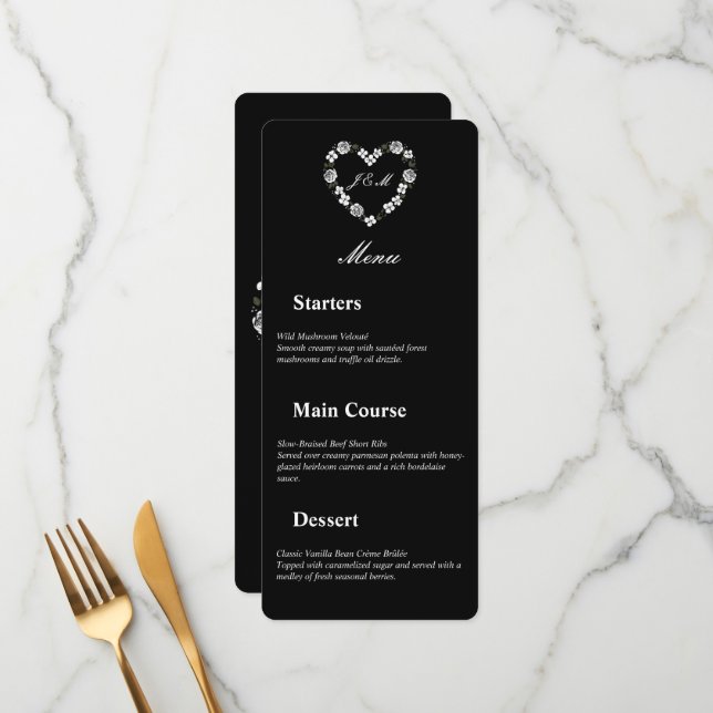 Floral Heart Black And White Wedding Menu (Anverso/Reverso In Situ)