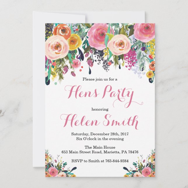 Floral Hens Party Invitación Tarjeta Watercolor (Anverso)
