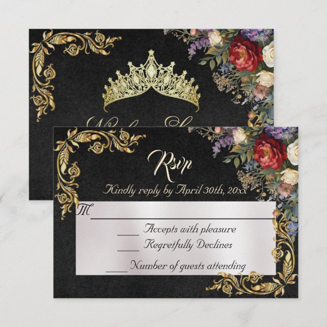 Floral & Hojas de Oro - RSVP Negro (Anverso / Reverso)