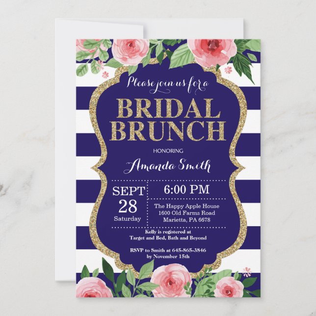 Floral invitación a brunch nupcial azul y dorado d (Anverso)