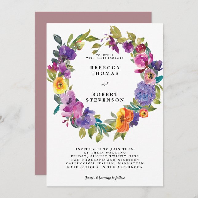 floral invitación de boda moderna y brillante (Anverso / Reverso)