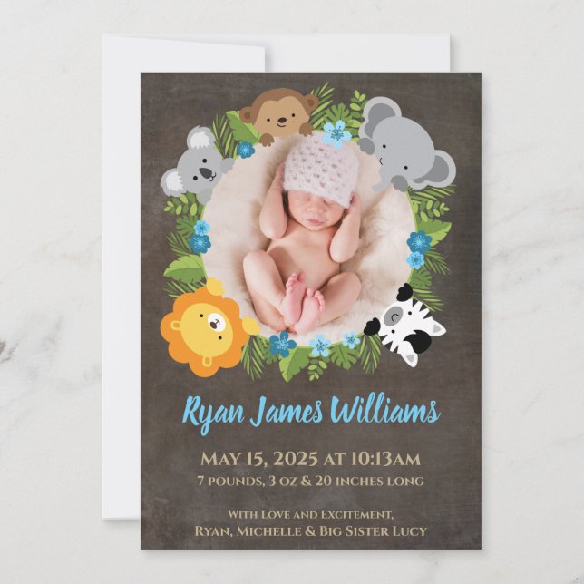 Floral Jungle Safari Wreath Baby Boy Invitación (Anverso)