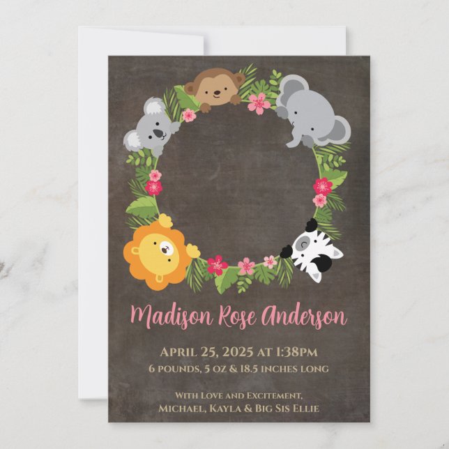 Floral Jungle Safari Wreath Baby Invitación (Anverso)