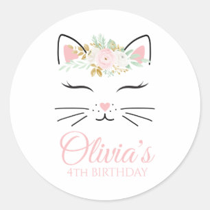 Floral Kitten Birthday Party Pegatinas kitty face