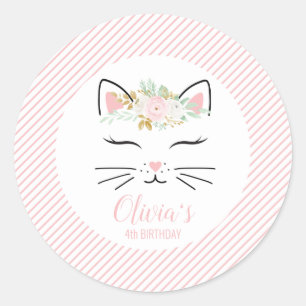 Floral Kitten Birthday Party Pegatinas kitty face