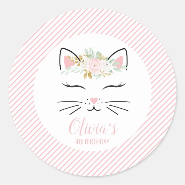 Floral Kitten Birthday Party Pegatinas kitty face (Anverso)