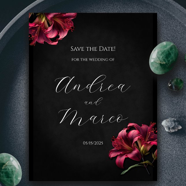 Floral Lilly Boda gótica oscura salva la fecha (Floral Lilly Dark Gothic Wedding Save the Date)
