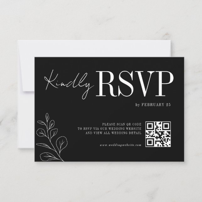 Floral Line Art Rustic Black Elegant Wedding RSVP (Anverso)