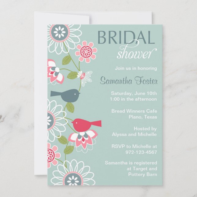 Floral Love Bird Bridal Shower Invitación (Anverso)