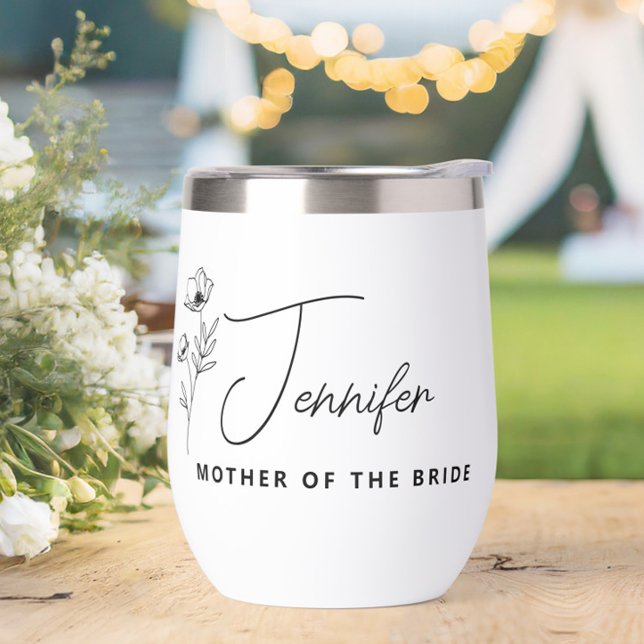 Floral madre personalizada del novio de la novia (mother of the bride,wine tumbler with name,wildflower floral stemless wine glass,)