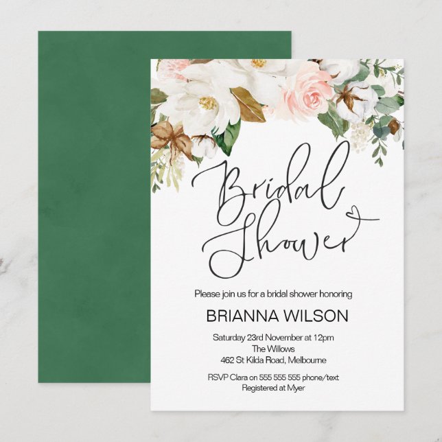 Floral Magnolia Bridal Shower Invitación (Anverso / Reverso)