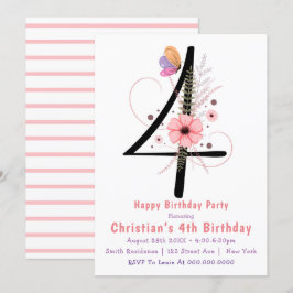 Floral Mariposa 4 Invitaciones de cumpleaños