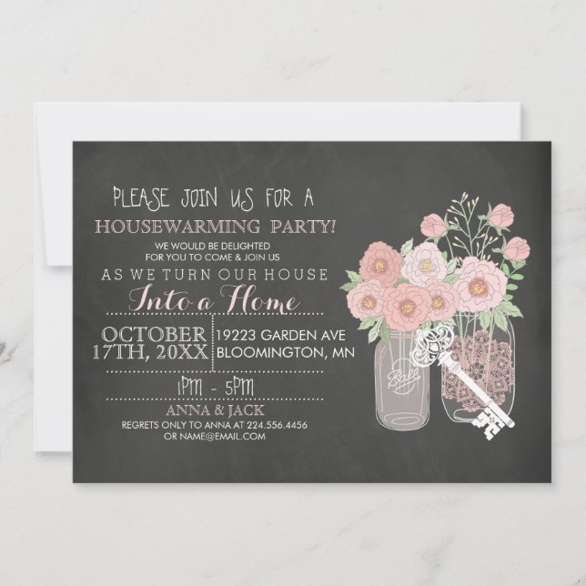 Floral Mason Jar Chalkboard Invitación al calentam (Anverso)