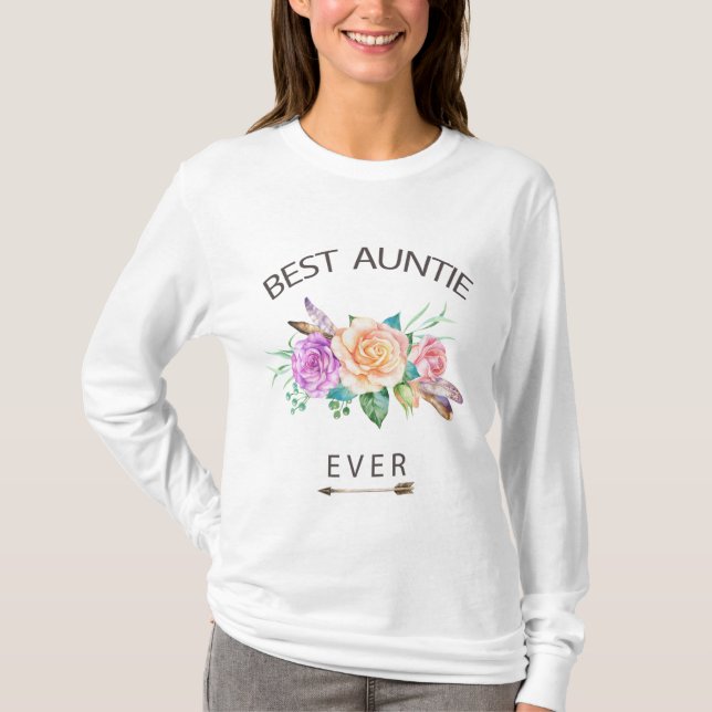 Floral Mejor Tía Acuarela Larga Camisa De Manga (Anverso)