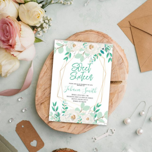 Floral Mint Blue Sweet Dieciséis Invitaciones de C (Subido por el creador)