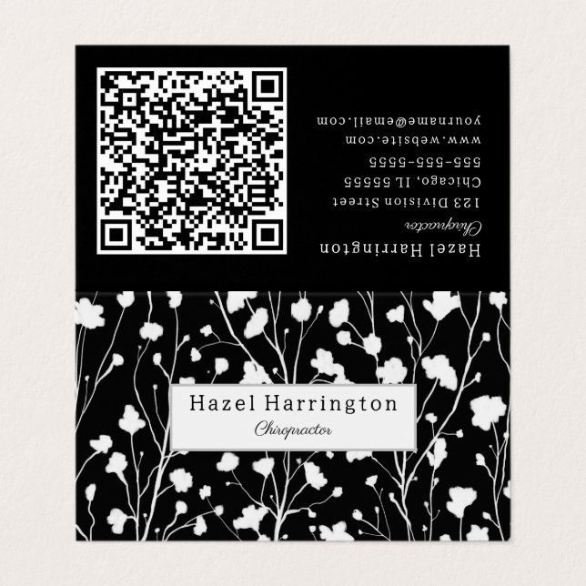 Floral moderna QR tarjeta de visita plegada blanco (Exterior desplegado)