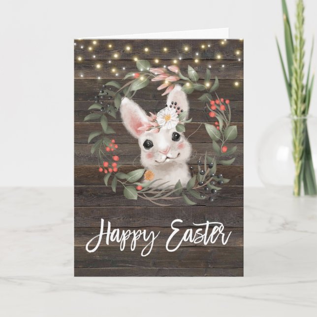 floral moderna tarjeta Happy Easter lindo conejito (Anverso)