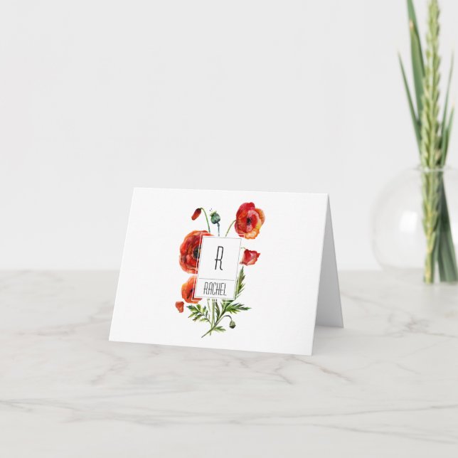 Floral Monograma Blank Note Card Flores de amapola (Anverso)