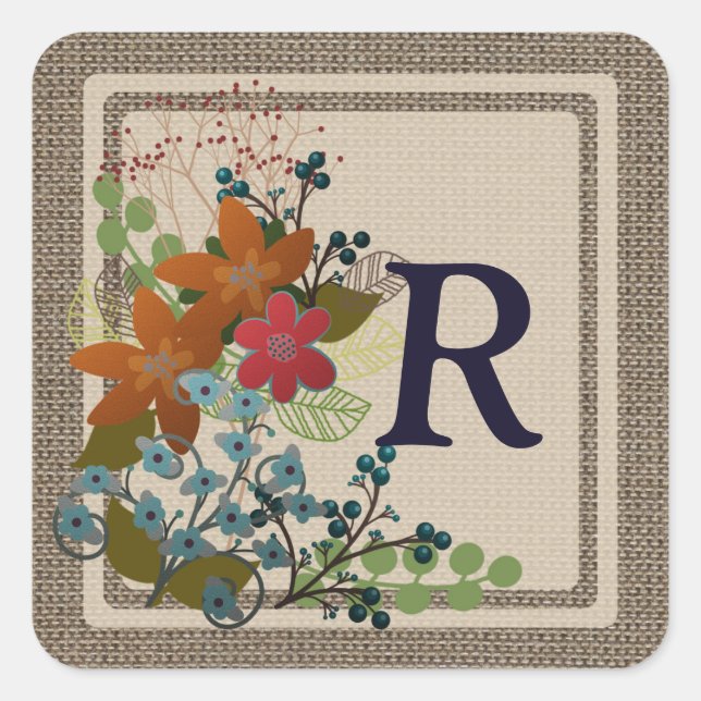 Floral monograma, Pegatinas de Burlap Square, bril (Anverso)