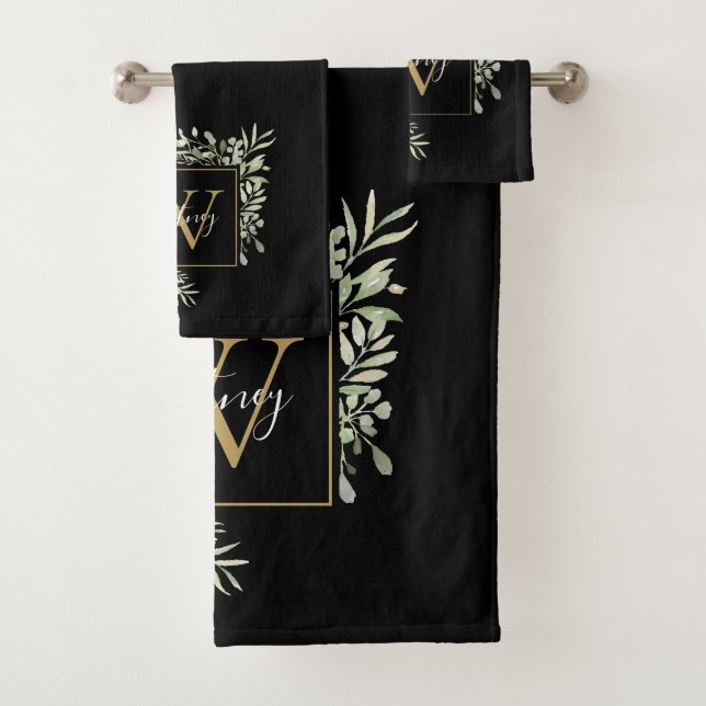Floral Monograma Verde Personalizado de Oro Negro (In situ)
