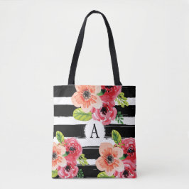 Floral Monogramada franjas blancas negras | Bolsa 