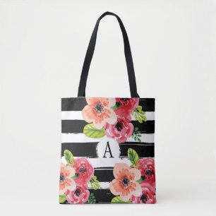 Floral Monogramada franjas blancas negras   Bolsa 