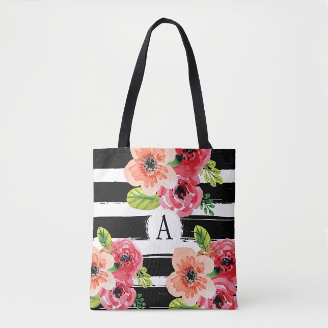 Floral Monogramada franjas blancas negras | Bolsa  (Anverso)