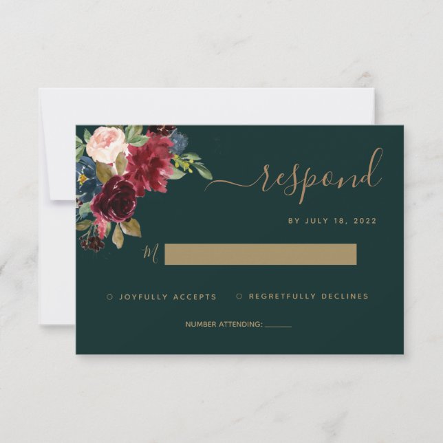 Floral Moody Emerald Green Jewel Tone Wedding RSVP (Anverso)