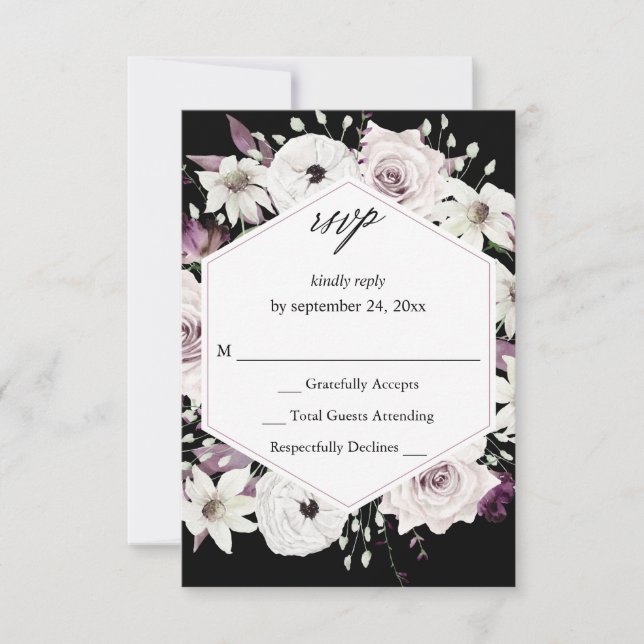 Floral morada y blanca sin comida RSVP VER - Negro (Anverso)