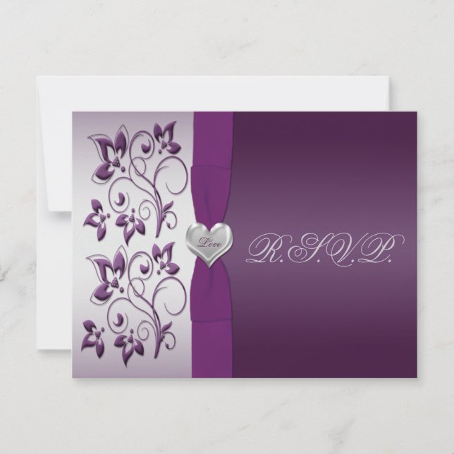 Floral Morado y Plateado con RSVP Corazón de Plata (Anverso)